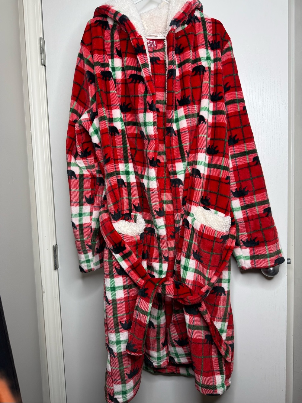 Cozy Red Plaid Men's Hooded Robe with Moose Print L/XL